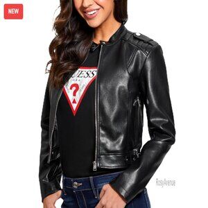Faux Leather Moto Jacket with Snap Mandarin Collar, Fitted Style